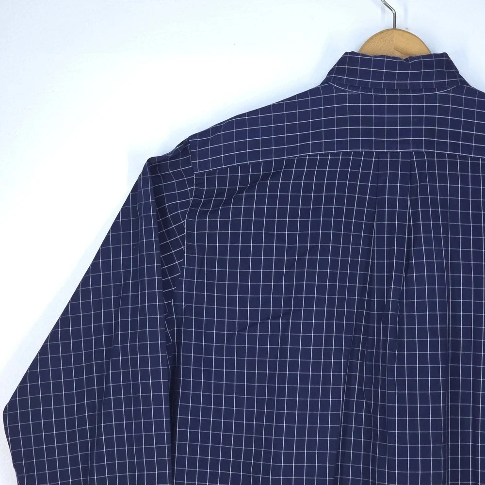 LL Bean Button Down Shirt Mens Large Navy Blue Check Long Sleeve Office Business - Picture 12 of 15